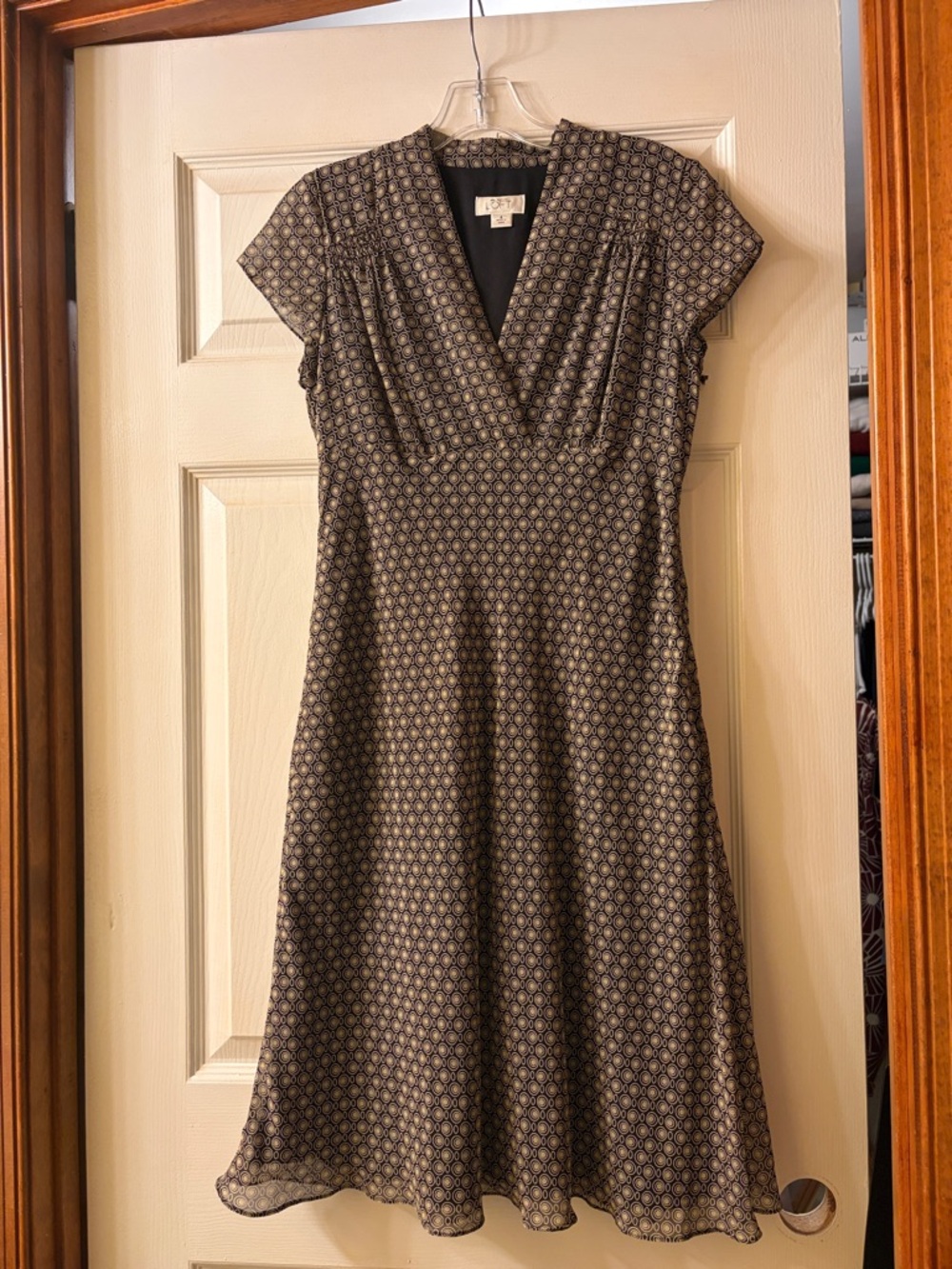 LOFT Black and Cream Geometric Midi Dress